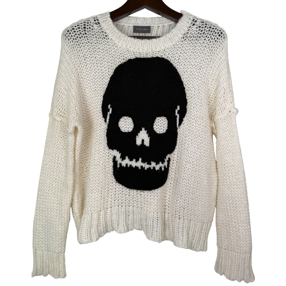 Wooden Ships Paola Buendia Ivory Black Skull Mohair Wool Blend Knit Sweater S/M
